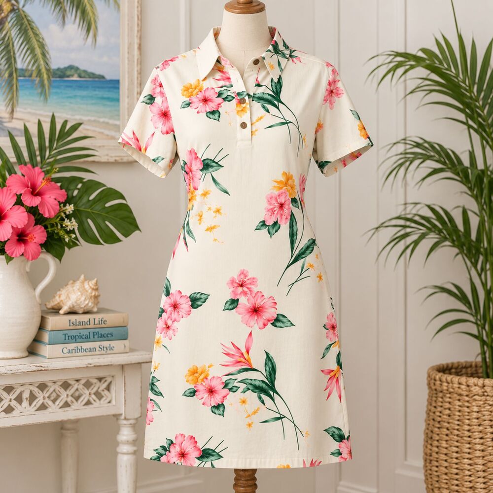 CARIBBEAN JOE Tropical Print Rayon Shirt Dress Size Small